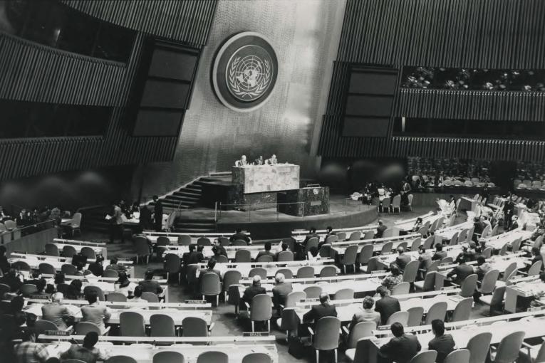 20 de novembro de 1989 é aprovada a Convenção Internacional Sobre os Direitos da Criança. Vista panorâmica do Salão da Assembleia Geral da ONU durante as deliberações e a adoção da Convenção sobre os Direitos da Criança em 20 de novembro de 1989. Fotografia: UNICEF