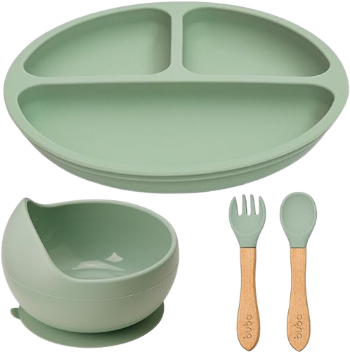 Kit BUBA Pratinho Em Silicone + Tigela Bowl Com Ventosa + Talhers Bambu Refeição Bebê Introdução Alimentar Blw Verde