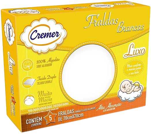 Fralda Luxo Branca 70 x 70 cm PC com 5 Unidades, Cremer