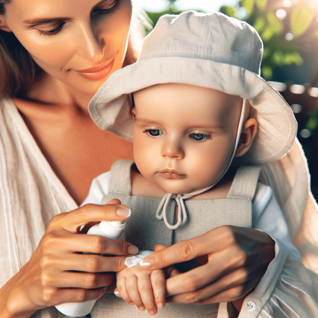 Mãe passando protetor solar infantil em seu bebê para evitar os raios do sol. Foto: Reprodução / Imagem Desenvolvida por Inteligência Artificial DALL-E