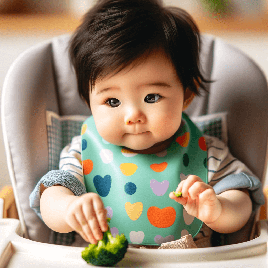 Bebê iniciando a Introdução Alimentar após os sinais de prontidão. Foto: Reprodução / Imagem Desenvolvida por Inteligência Artificial DALL-E