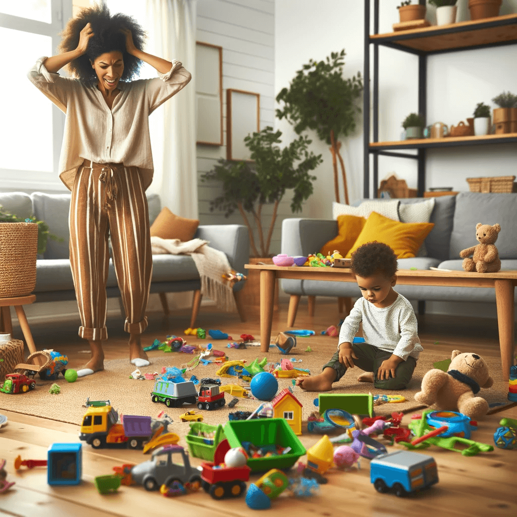 Mãe desesperada ao ver a bagunça de brinquedos na sala. Foto: Reprodução / Imagem Desenvolvida por Inteligência Artificial DALL-E