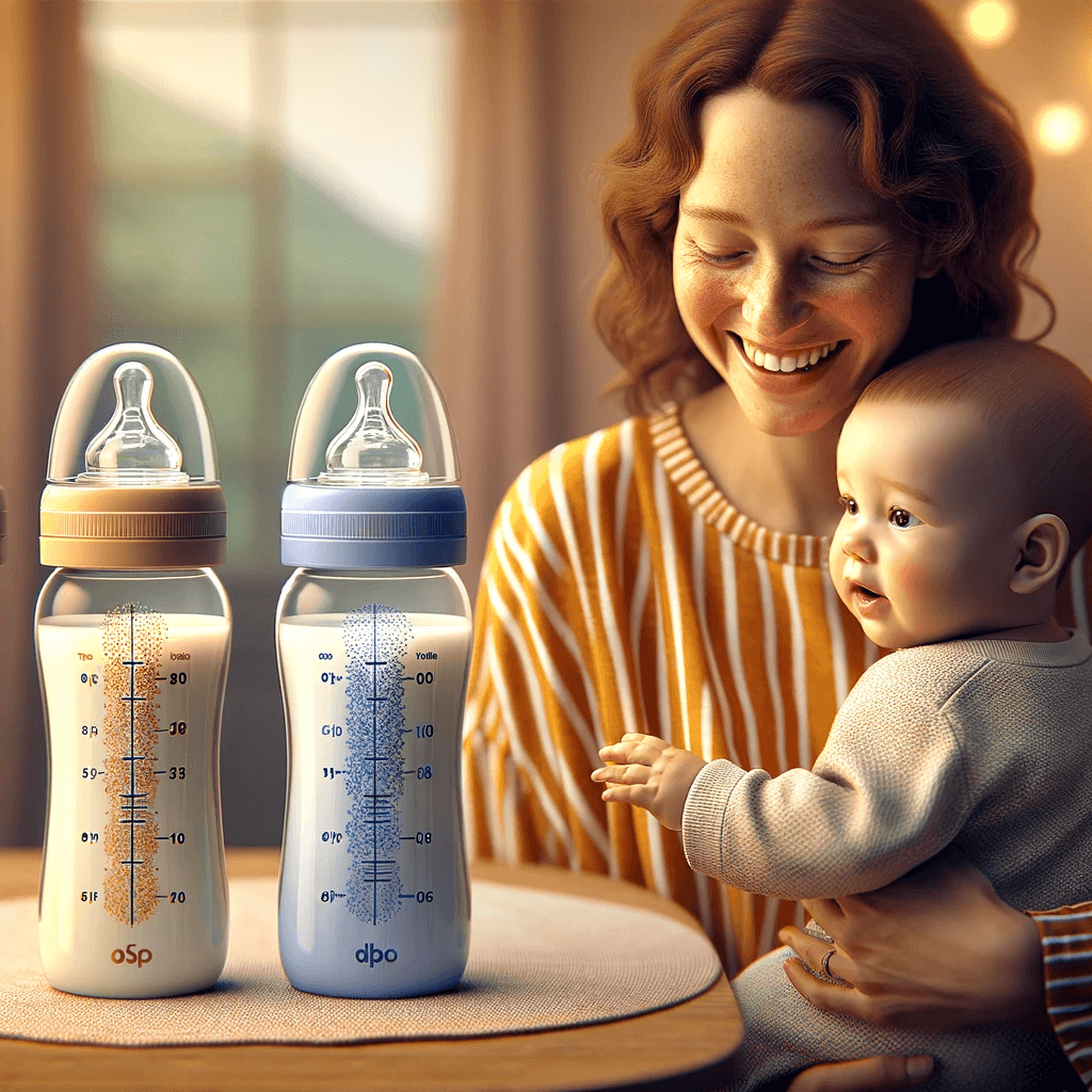 Mãe segurando recém-nascido e ao lado, duas mamadeiras. Foto: Reprodução / Imagem Desenvolvida por Inteligência Artificial DALL-E