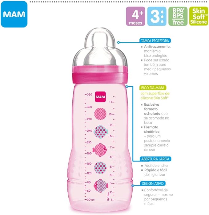 Especificações Técnicas da Mamadeira 330 ml Easy Active da marca MAM. Foto: Reprodução / MAM