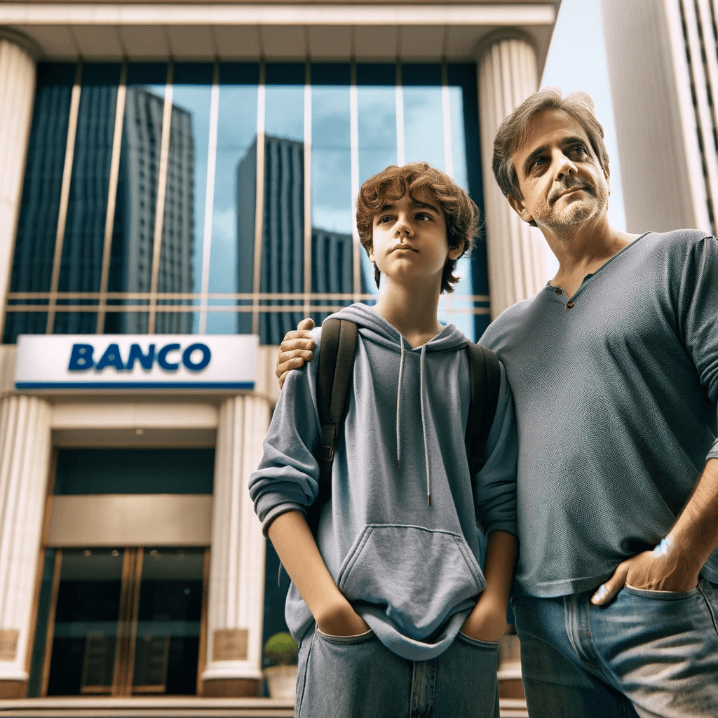 Adolescente ao lado da pai, em frente a uma instituição financeira para abrir sua primeira conta bancária. Foto: Reprodução / DALL-E